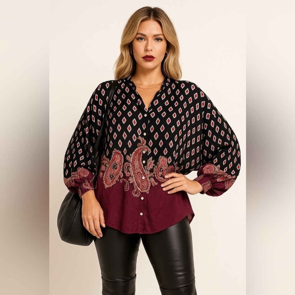 Lucky Brand 100% Silk Batwing Oversized Balloon Sleeve Paisley Burgundy Top XS